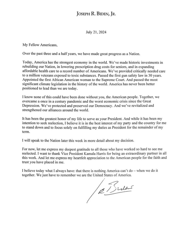 President Biden Announces Decision to Not Seek Reelection (Copy of Letter)